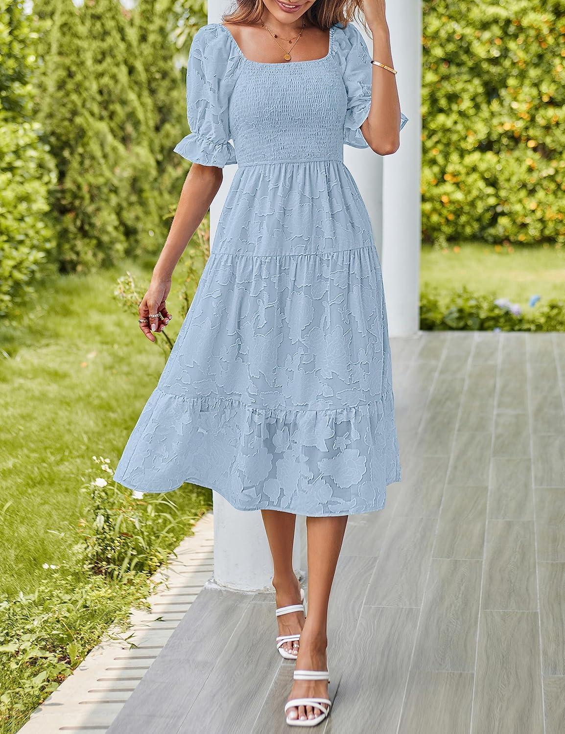 imageMEROKEETY Womens 2025 Summer Short Puff Sleeve Smocked Square Neck Floral Textured Tiered Midi DressBlue