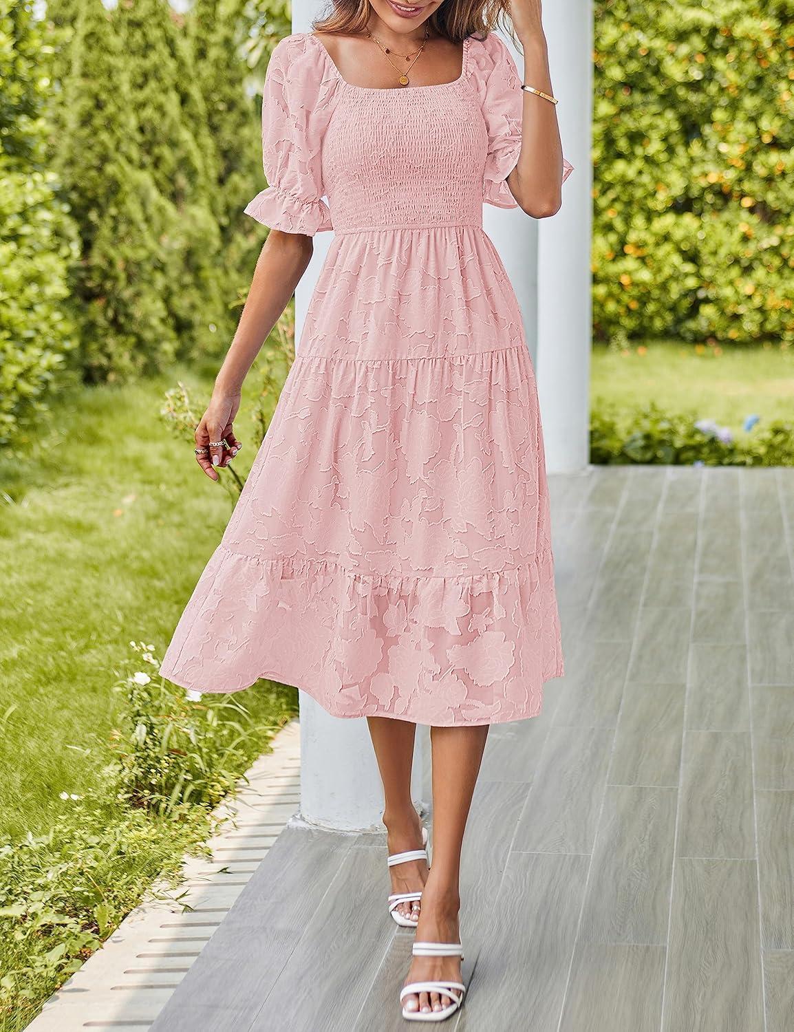 imageMEROKEETY Womens 2025 Summer Short Puff Sleeve Smocked Square Neck Floral Textured Tiered Midi DressPink