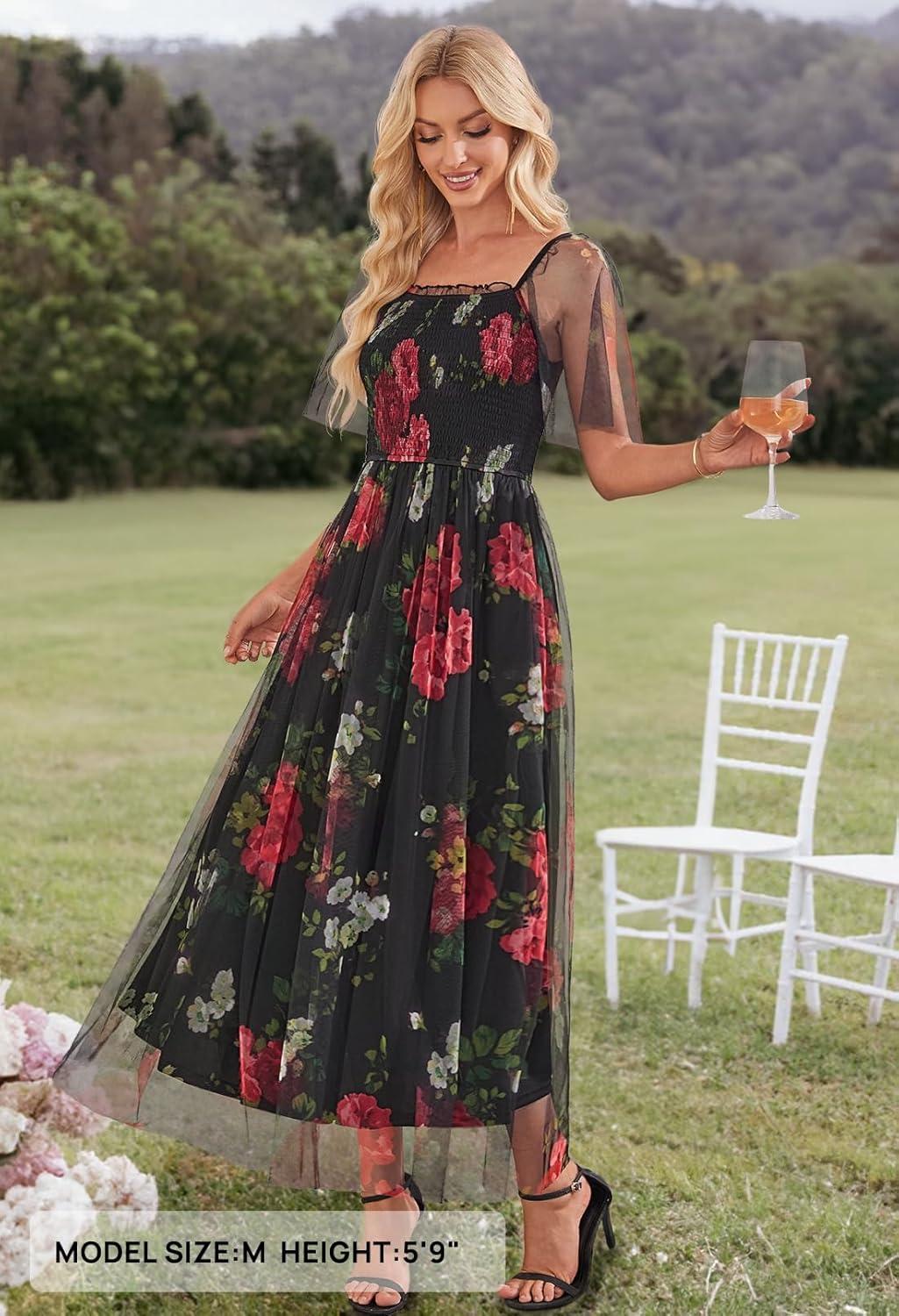 imageMEROKEETY Womens 2025 Summer Short Sleeve Floral Tulle Dress Square Neck Smocked Party Wedding Boho Maxi DressesBlack