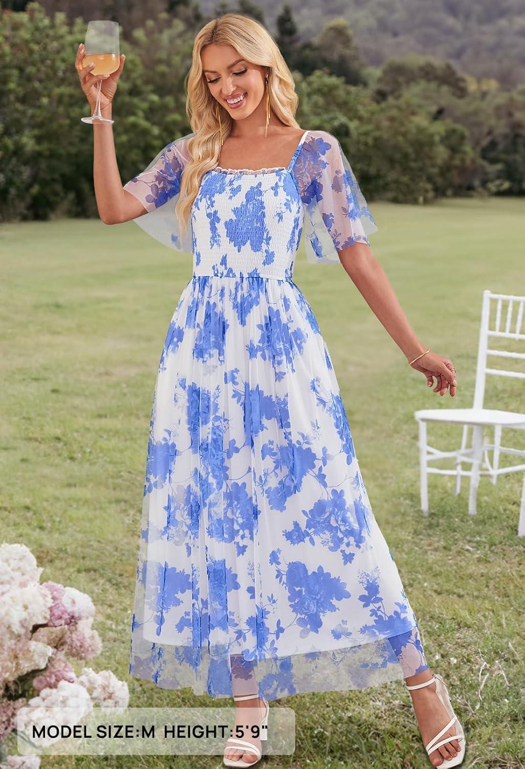 imageMEROKEETY Womens 2025 Summer Short Sleeve Floral Tulle Dress Square Neck Smocked Party Wedding Boho Maxi DressesBlue