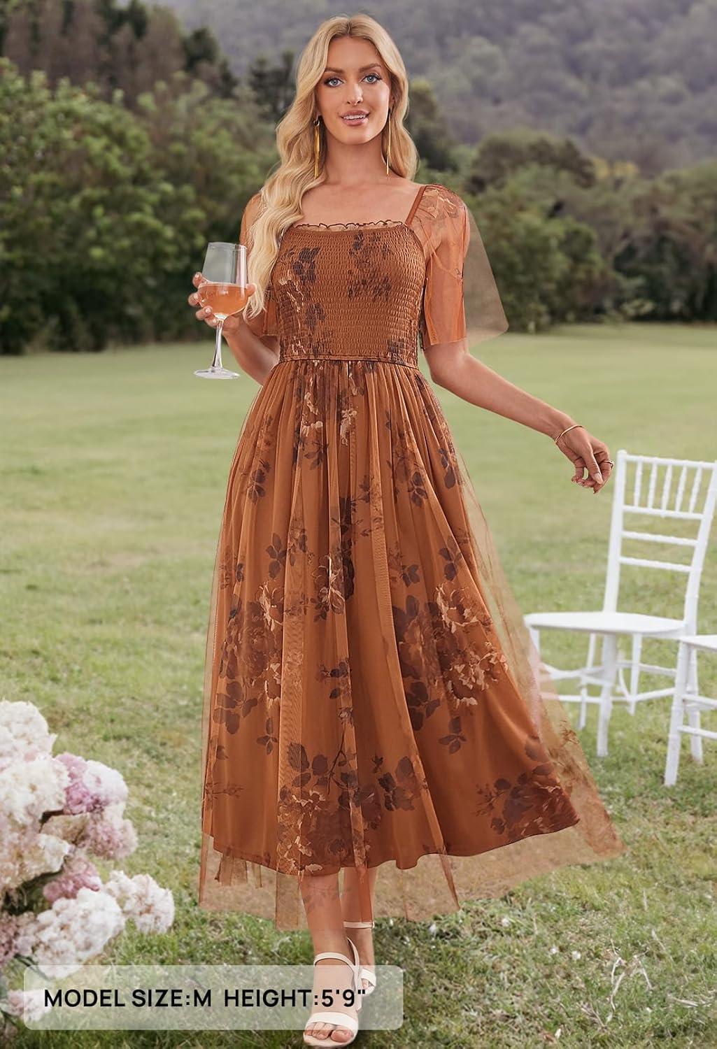 imageMEROKEETY Womens 2025 Summer Short Sleeve Floral Tulle Dress Square Neck Smocked Party Wedding Boho Maxi DressesBrown