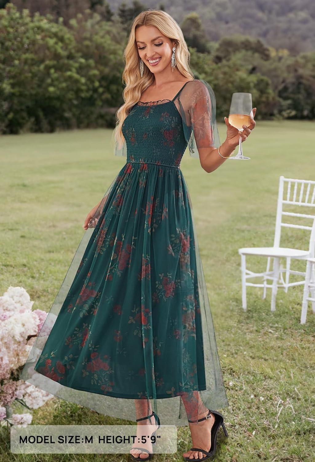 imageMEROKEETY Womens 2025 Summer Short Sleeve Floral Tulle Dress Square Neck Smocked Party Wedding Boho Maxi DressesGreen