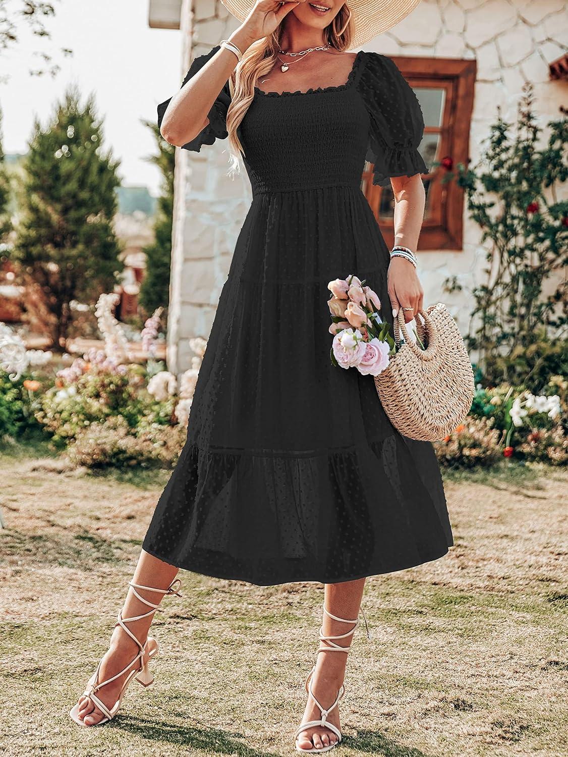 imageMEROKEETY Womens 2025 Summer Square Neck Puff Sleeve Boho Midi Dress Swiss Dot Ruffle Flowy Tie Back DressBlack