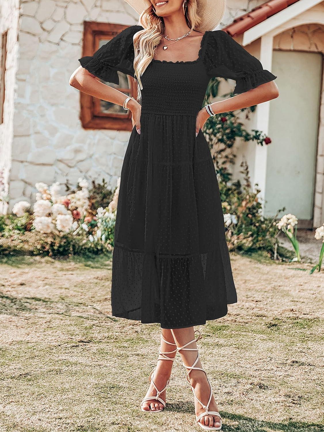 imageMEROKEETY Womens 2025 Summer Square Neck Puff Sleeve Boho Midi Dress Swiss Dot Ruffle Flowy Tie Back DressBlack