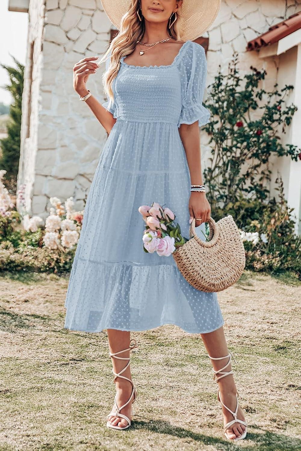 imageMEROKEETY Womens 2025 Summer Square Neck Puff Sleeve Boho Midi Dress Swiss Dot Ruffle Flowy Tie Back DressBlue
