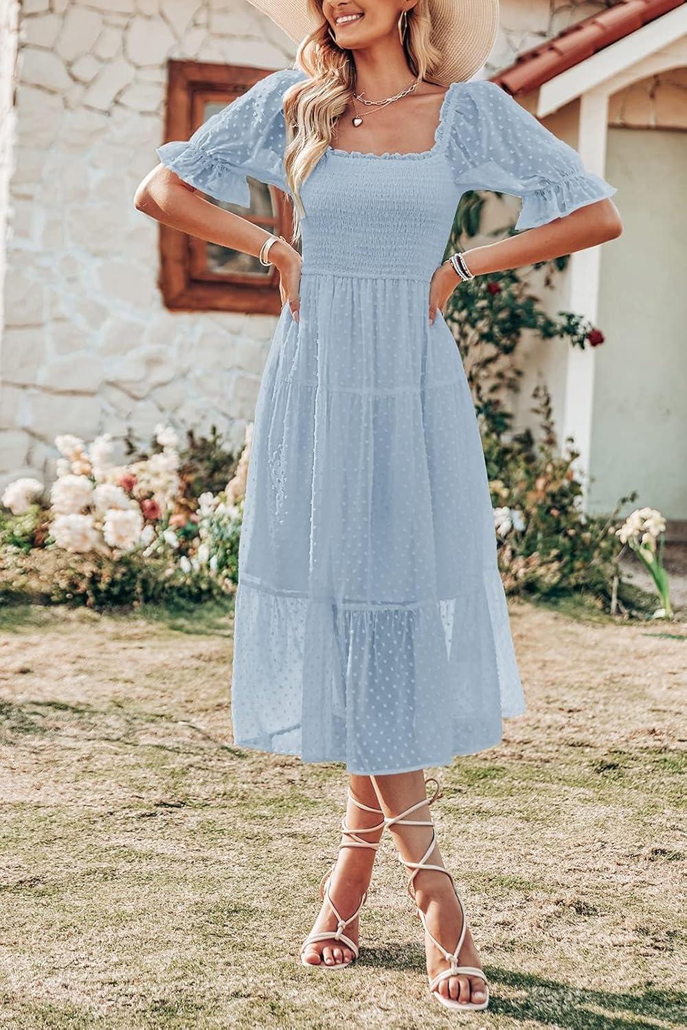 imageMEROKEETY Womens 2025 Summer Square Neck Puff Sleeve Boho Midi Dress Swiss Dot Ruffle Flowy Tie Back DressBlue