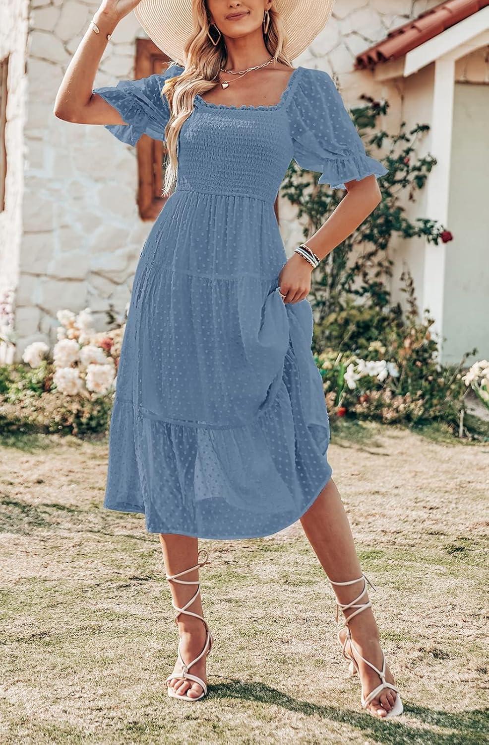 imageMEROKEETY Womens 2025 Summer Square Neck Puff Sleeve Boho Midi Dress Swiss Dot Ruffle Flowy Tie Back DressDusty Blue