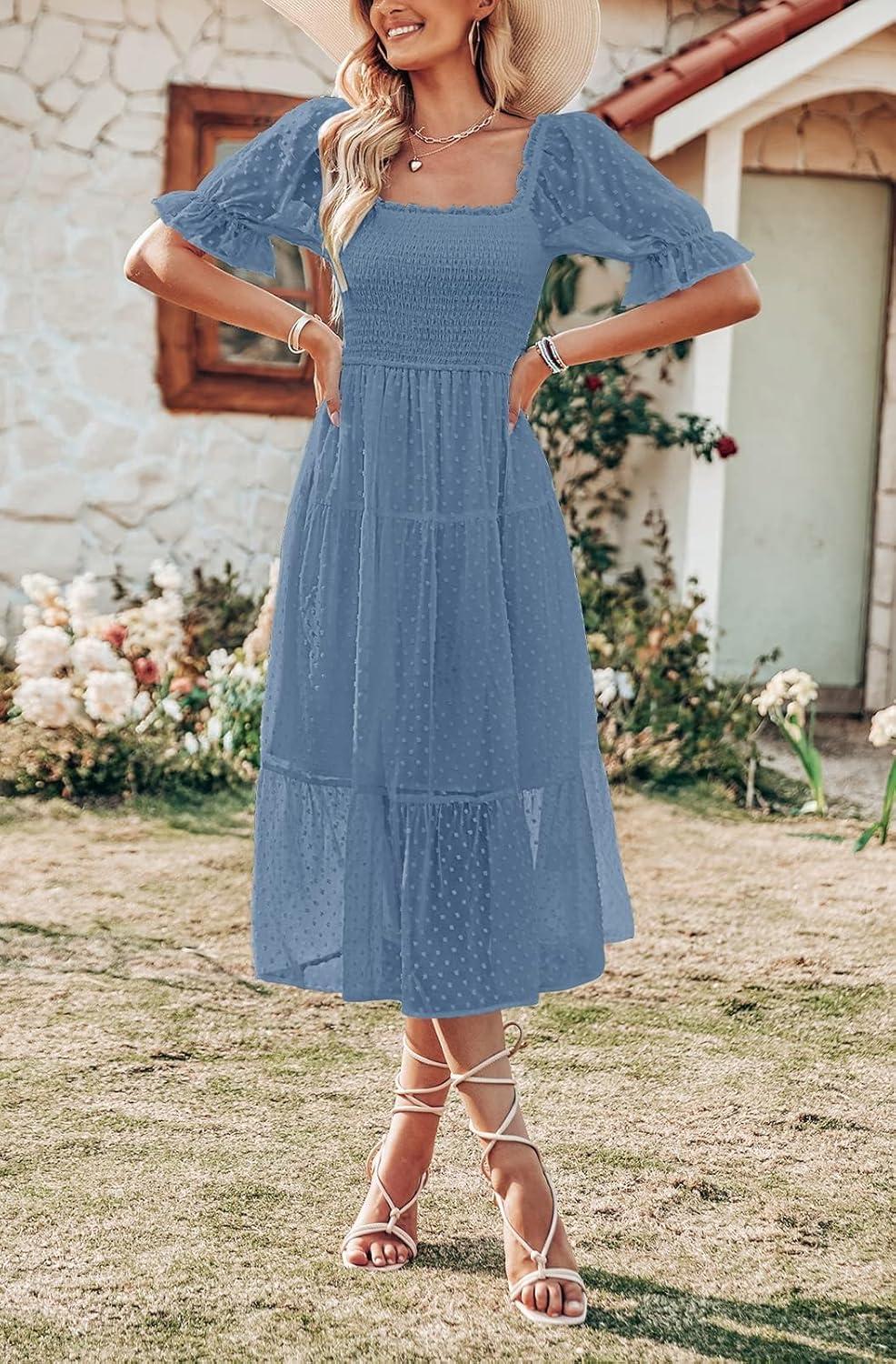 imageMEROKEETY Womens 2025 Summer Square Neck Puff Sleeve Boho Midi Dress Swiss Dot Ruffle Flowy Tie Back DressDusty Blue
