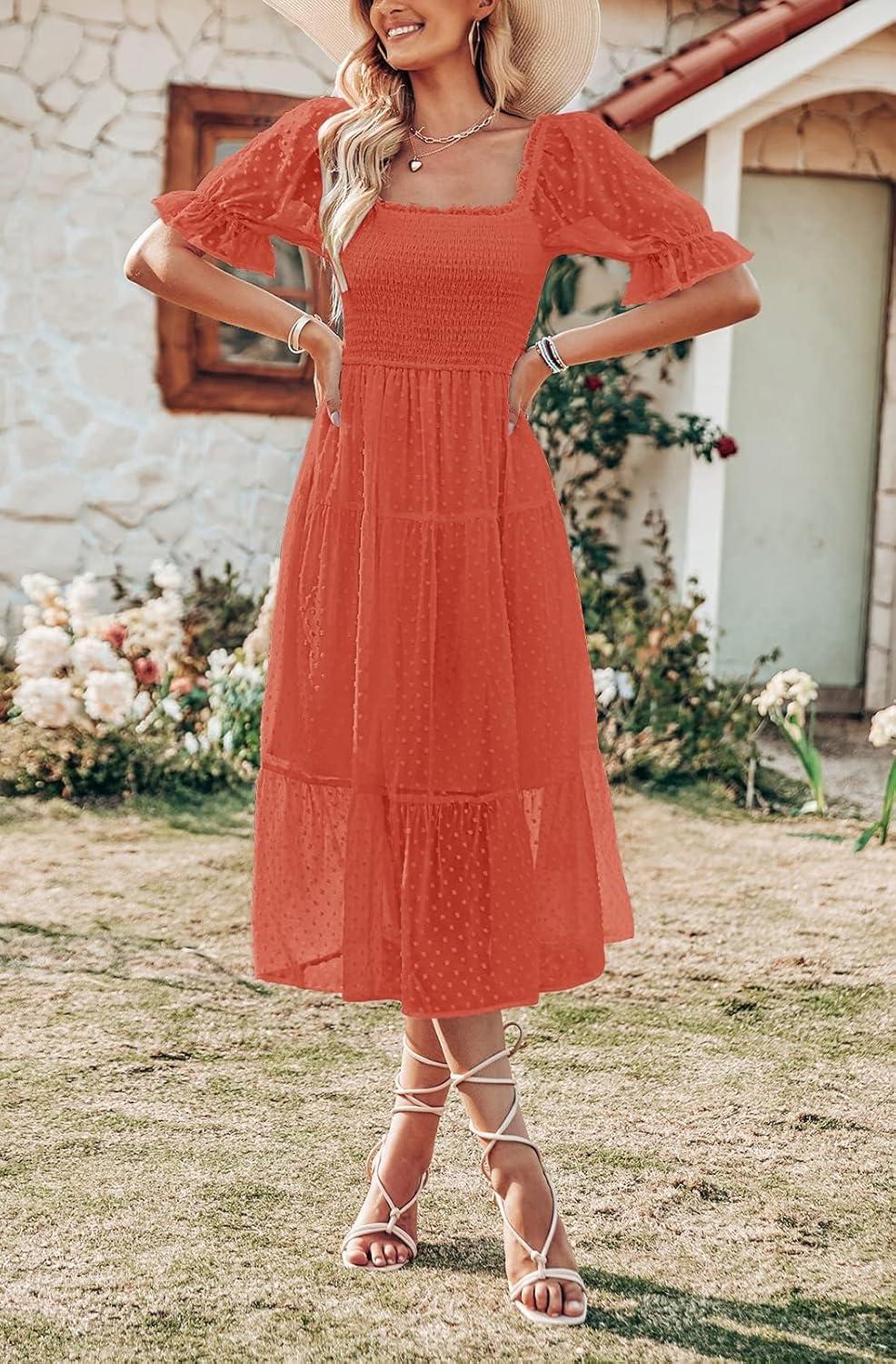 imageMEROKEETY Womens 2025 Summer Square Neck Puff Sleeve Boho Midi Dress Swiss Dot Ruffle Flowy Tie Back DressOrange