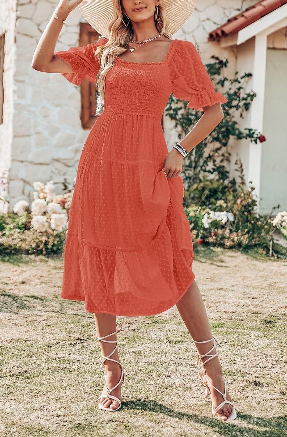 imageMEROKEETY Womens 2025 Summer Square Neck Puff Sleeve Boho Midi Dress Swiss Dot Ruffle Flowy Tie Back DressOrange