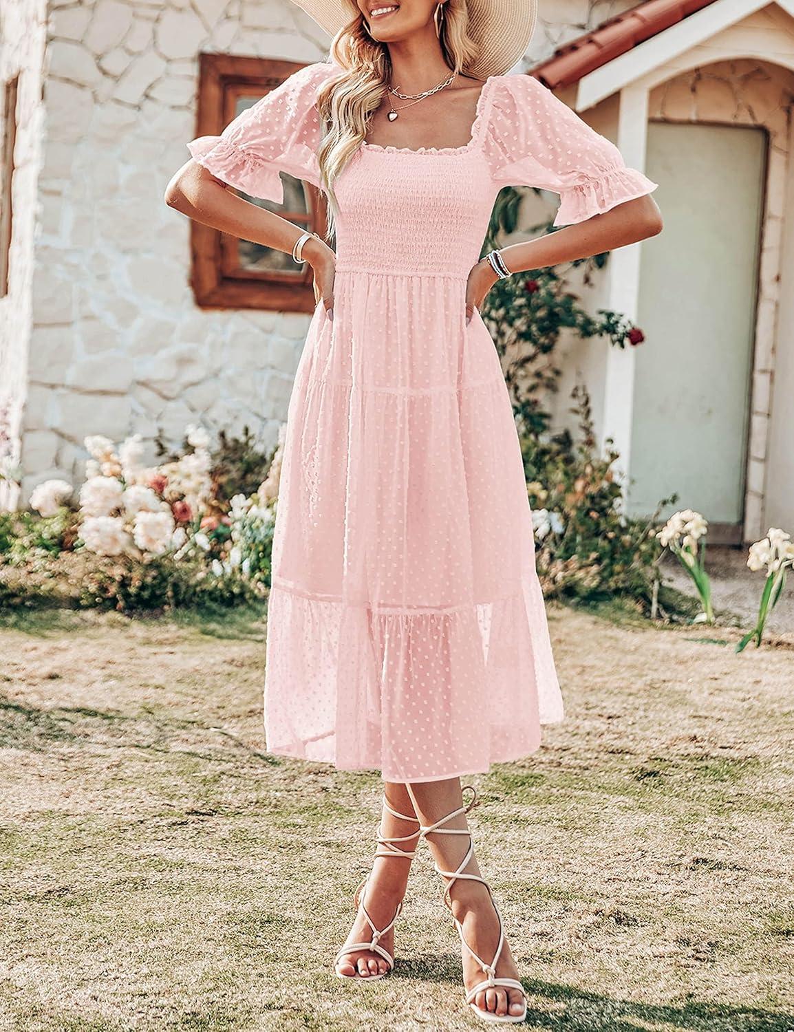 imageMEROKEETY Womens 2025 Summer Square Neck Puff Sleeve Boho Midi Dress Swiss Dot Ruffle Flowy Tie Back DressPink
