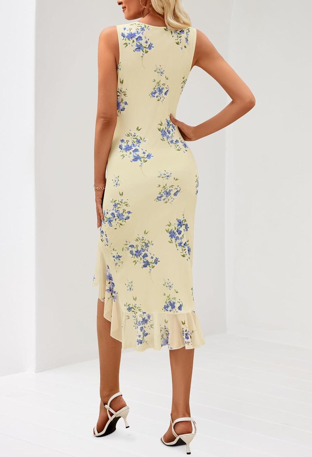 imageMEROKEETY Womens 2026 Summer Floral Bodycon Dress Square Neck Sleeveless Ruffle Cocktail Mesh Beach Vacation Midi DressesBeige
