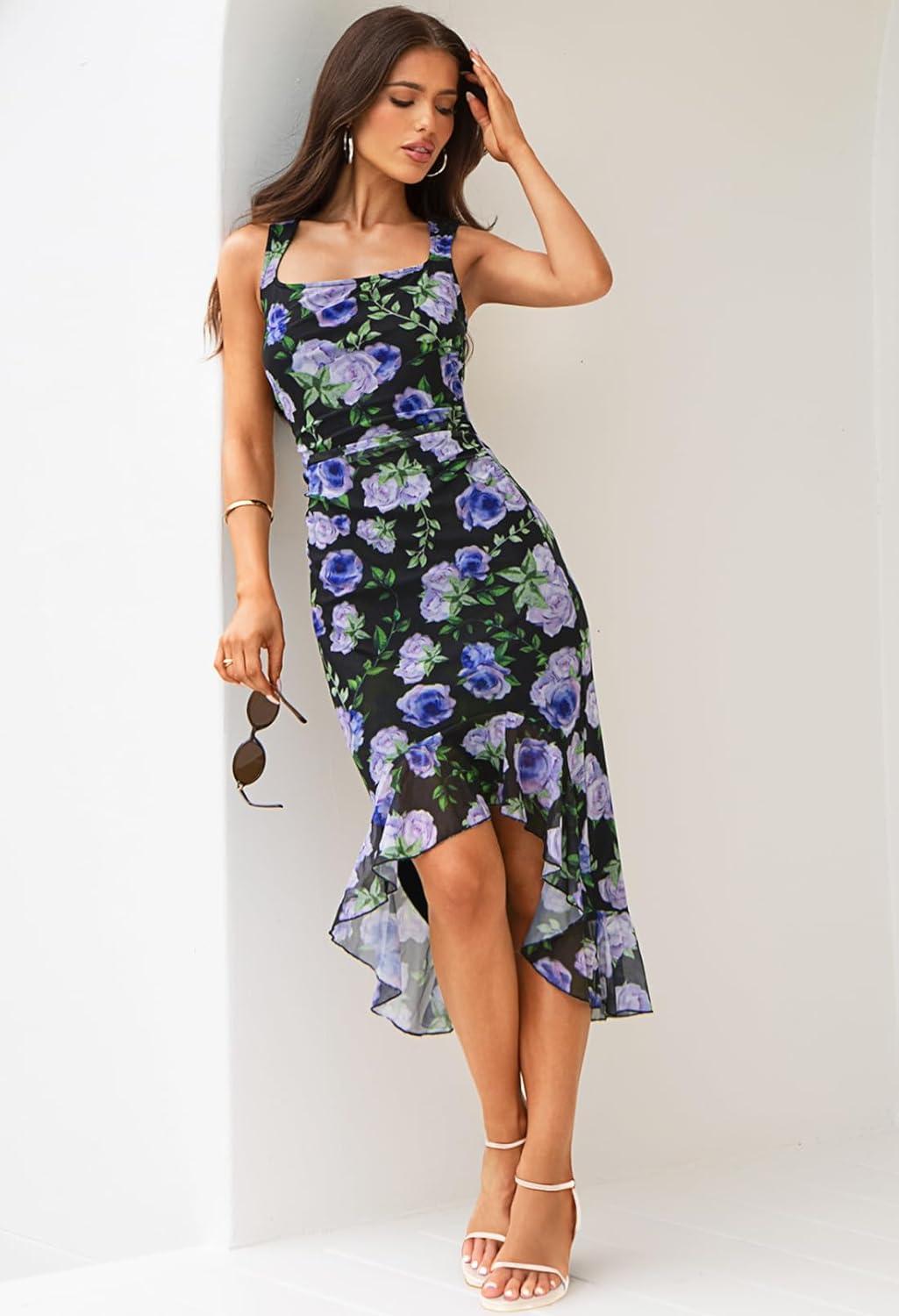 imageMEROKEETY Womens 2026 Summer Floral Bodycon Dress Square Neck Sleeveless Ruffle Cocktail Mesh Beach Vacation Midi DressesBlack Blue