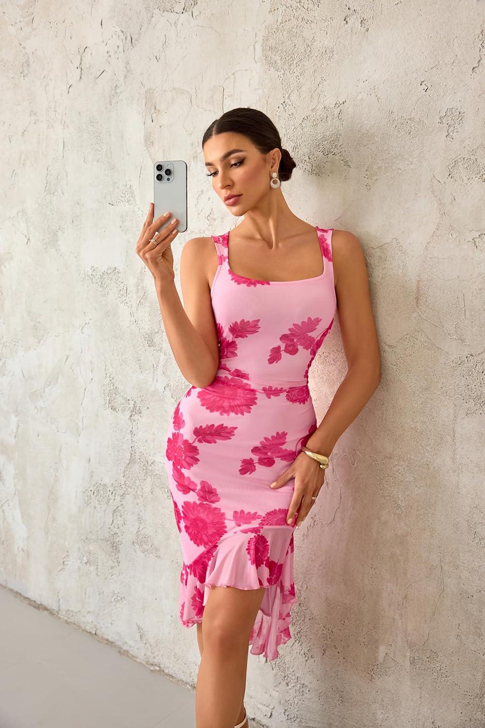 imageMEROKEETY Womens 2026 Summer Floral Bodycon Dress Square Neck Sleeveless Ruffle Cocktail Mesh Beach Vacation Midi DressesDark Pink