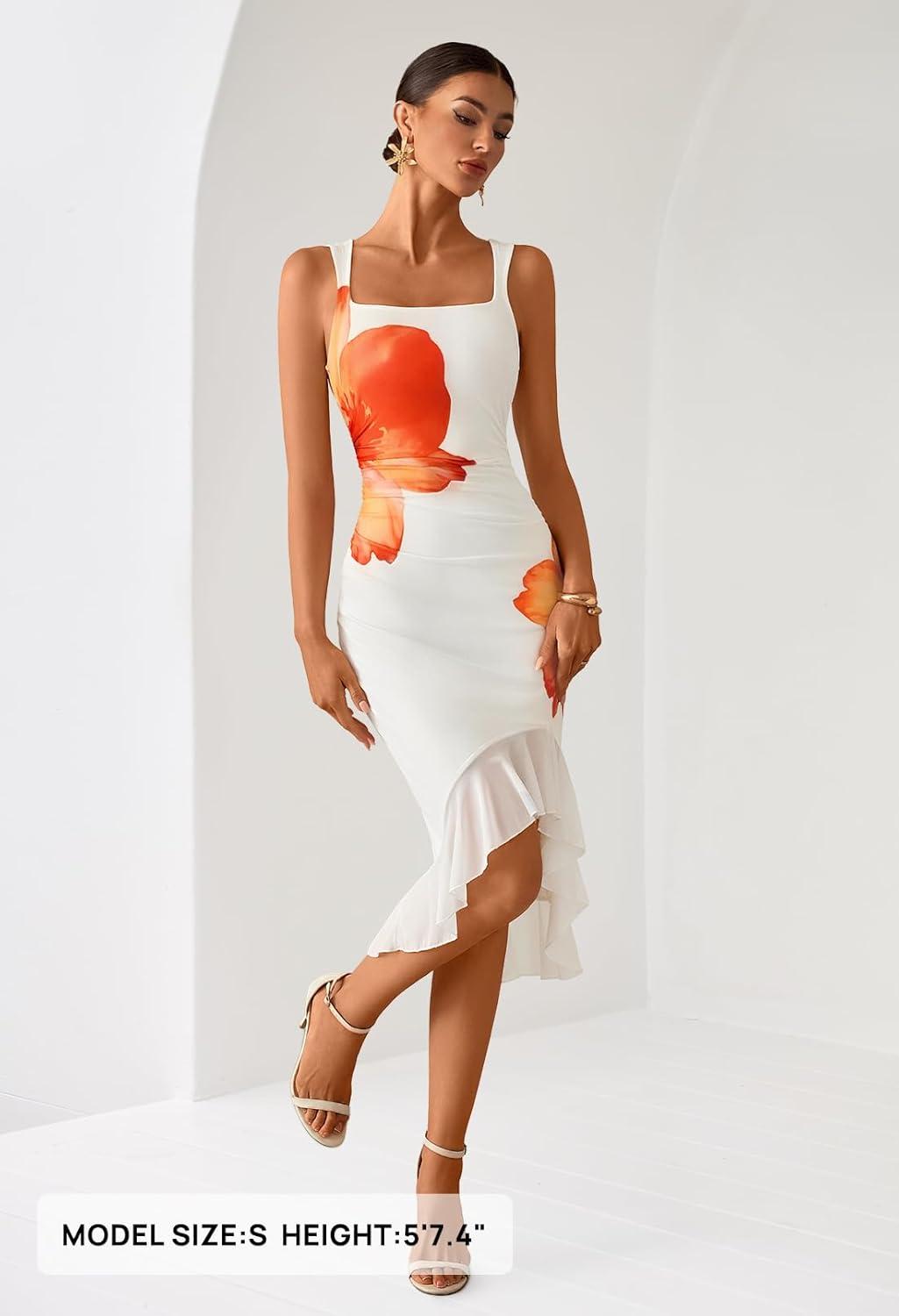 imageMEROKEETY Womens 2026 Summer Floral Bodycon Dress Square Neck Sleeveless Ruffle Cocktail Mesh Beach Vacation Midi DressesWhite Orange