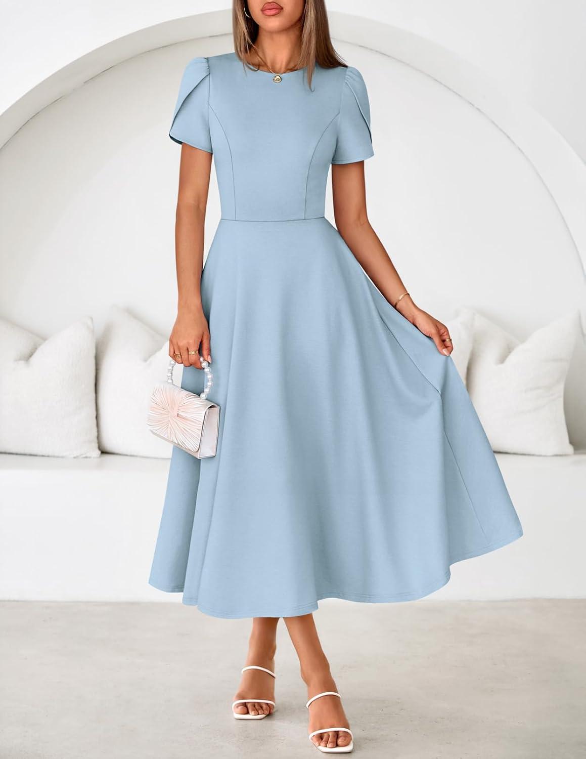 imageMEROKEETY Womens 2026 Summer Midi Dresses Short Sleeve Crewneck A Line Pleated Wedding Guest Flowy Long Dress with PocketsBlue