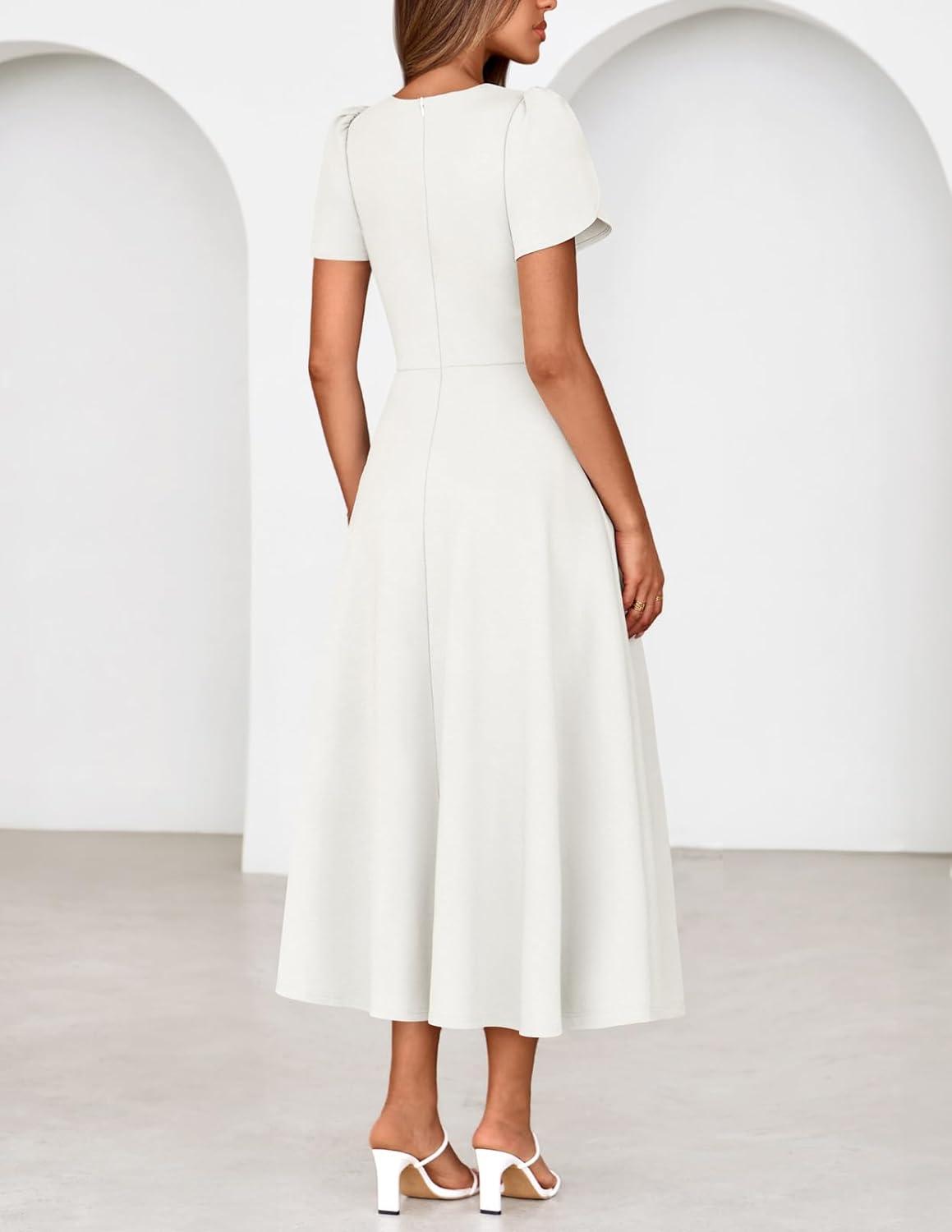 imageMEROKEETY Womens 2026 Summer Midi Dresses Short Sleeve Crewneck A Line Pleated Wedding Guest Flowy Long Dress with PocketsWhite