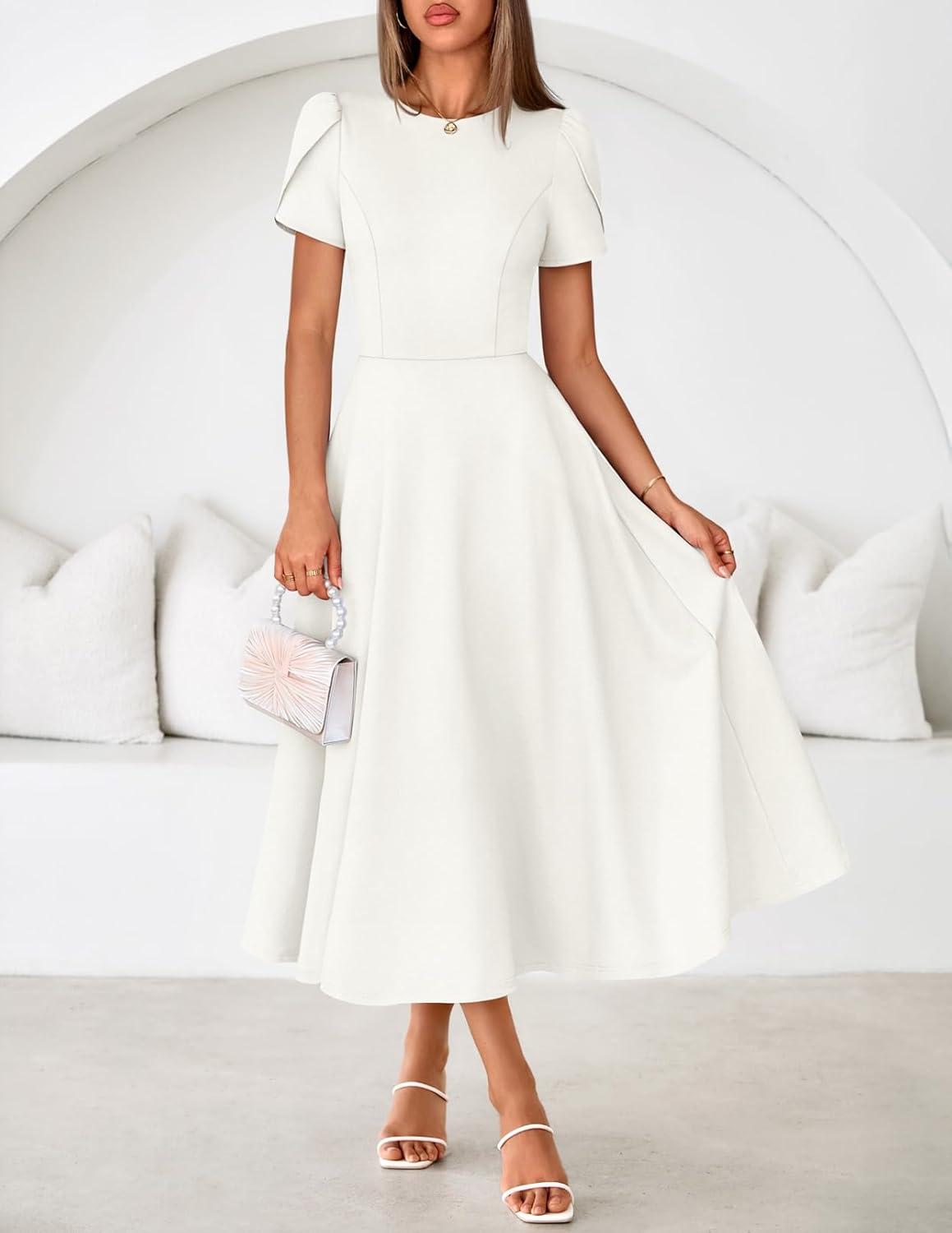 imageMEROKEETY Womens 2026 Summer Midi Dresses Short Sleeve Crewneck A Line Pleated Wedding Guest Flowy Long Dress with PocketsWhite