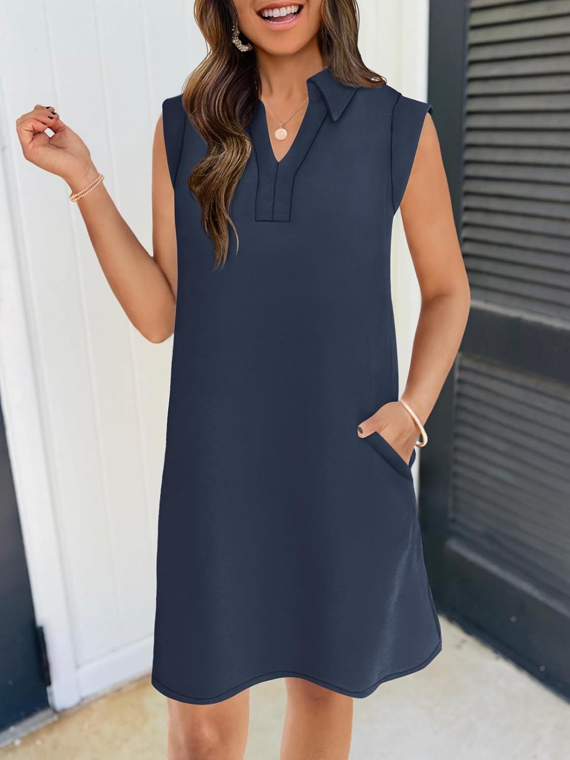 imageMEROKEETY Womens 2026 Summer Short Sleeve Mini Dress Casual Collared V Neck Loose T Shirt DressesNavy