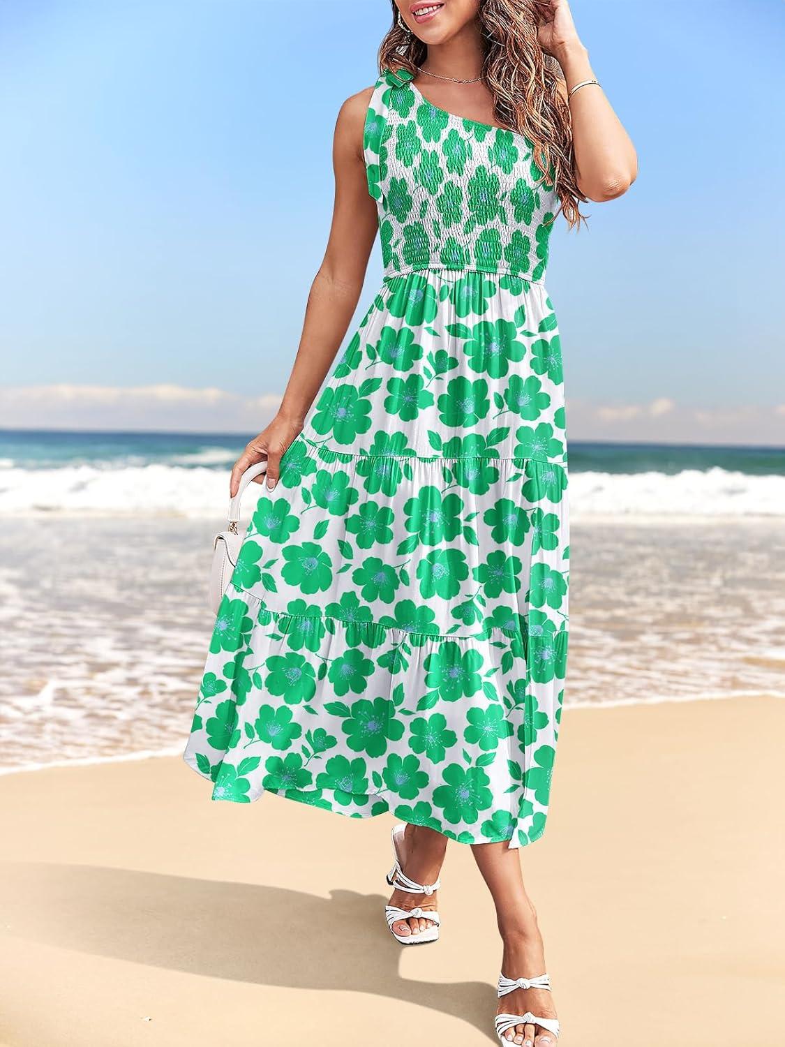 imageMEROKEETY Womens 2026 Summer Sleeveless Midi Dress One Shoulder Knot Smocked Split Formal Cocktail Wedding Guest DressesGreenfloral
