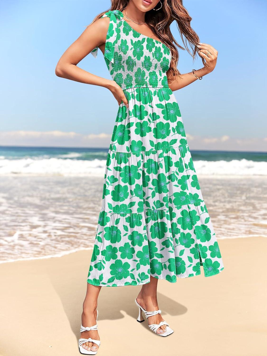 imageMEROKEETY Womens 2026 Summer Sleeveless Midi Dress One Shoulder Knot Smocked Split Formal Cocktail Wedding Guest DressesGreenfloral