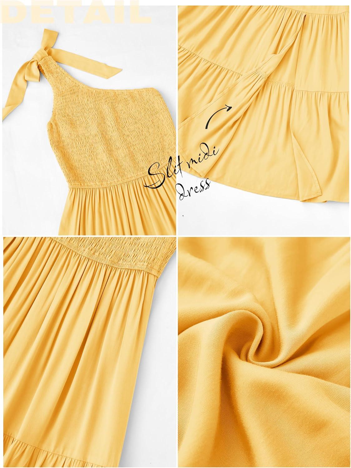 imageMEROKEETY Womens 2026 Summer Sleeveless Midi Dress One Shoulder Knot Smocked Split Formal Cocktail Wedding Guest DressesYellow