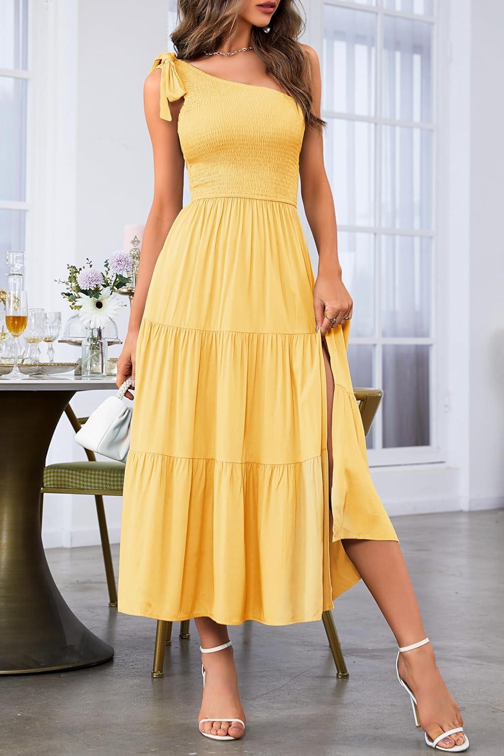 imageMEROKEETY Womens 2026 Summer Sleeveless Midi Dress One Shoulder Knot Smocked Split Formal Cocktail Wedding Guest DressesYellow