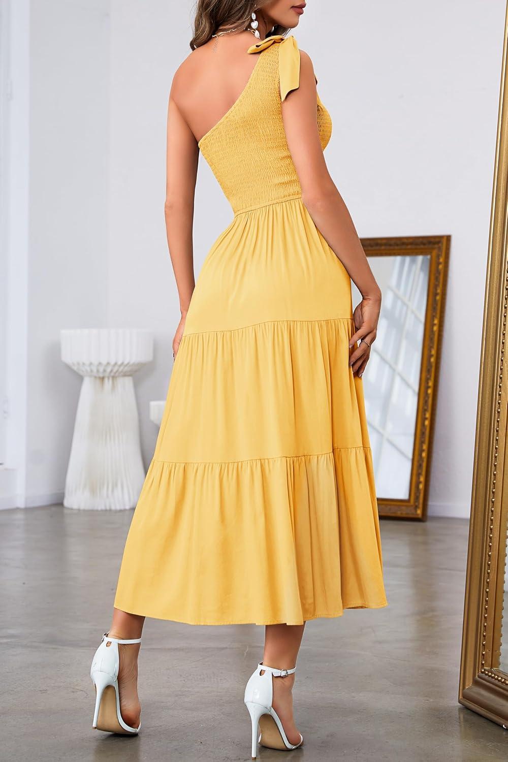 imageMEROKEETY Womens 2026 Summer Sleeveless Midi Dress One Shoulder Knot Smocked Split Formal Cocktail Wedding Guest DressesYellow