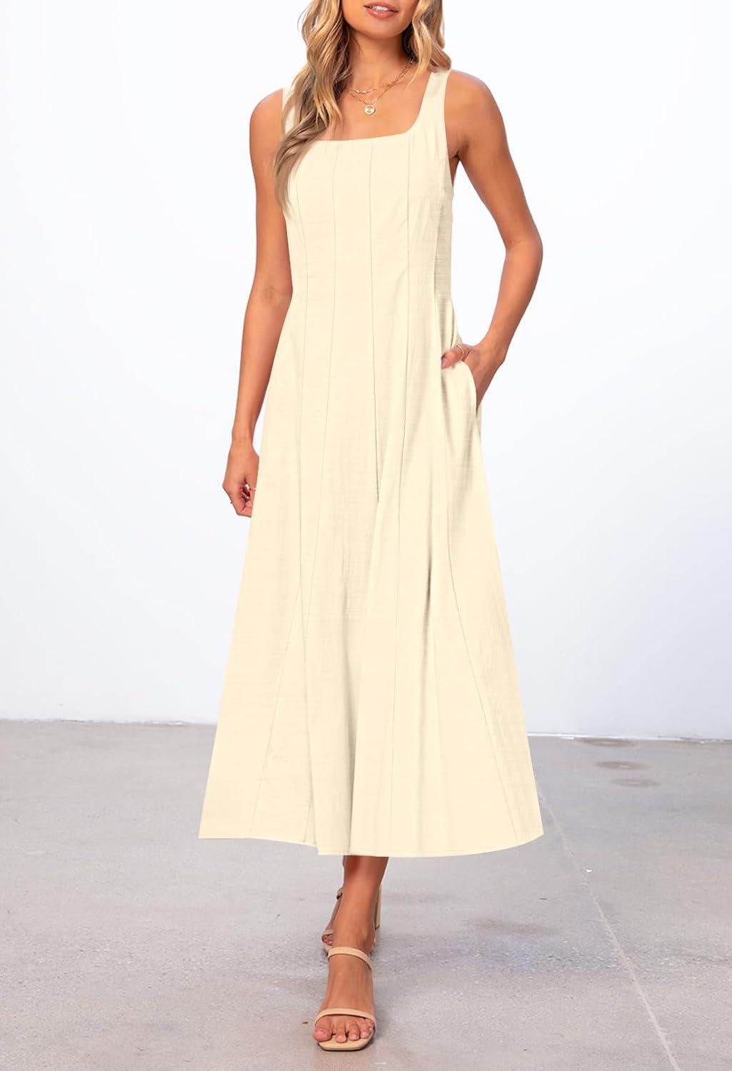 imageMEROKEETY Womens 2026 Summer Sleeveless Midi Dress Square Neck Smocked Flowy A Line Beach DressesApricot