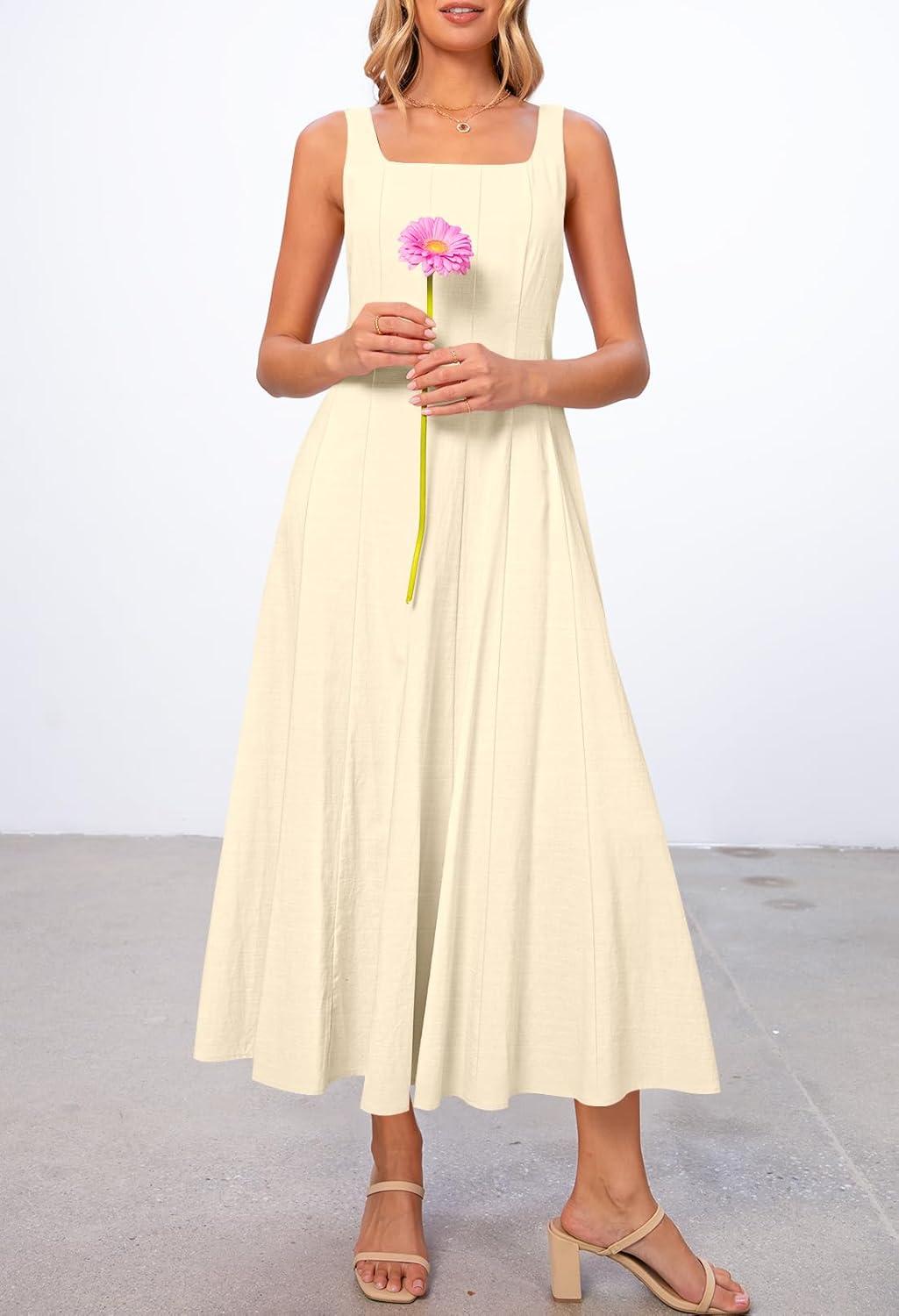 imageMEROKEETY Womens 2026 Summer Sleeveless Midi Dress Square Neck Smocked Flowy A Line Beach DressesApricot
