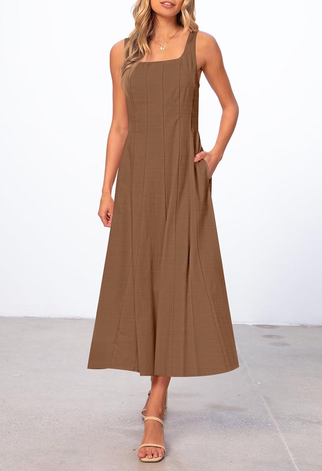 imageMEROKEETY Womens 2026 Summer Sleeveless Midi Dress Square Neck Smocked Flowy A Line Beach DressesCoffee