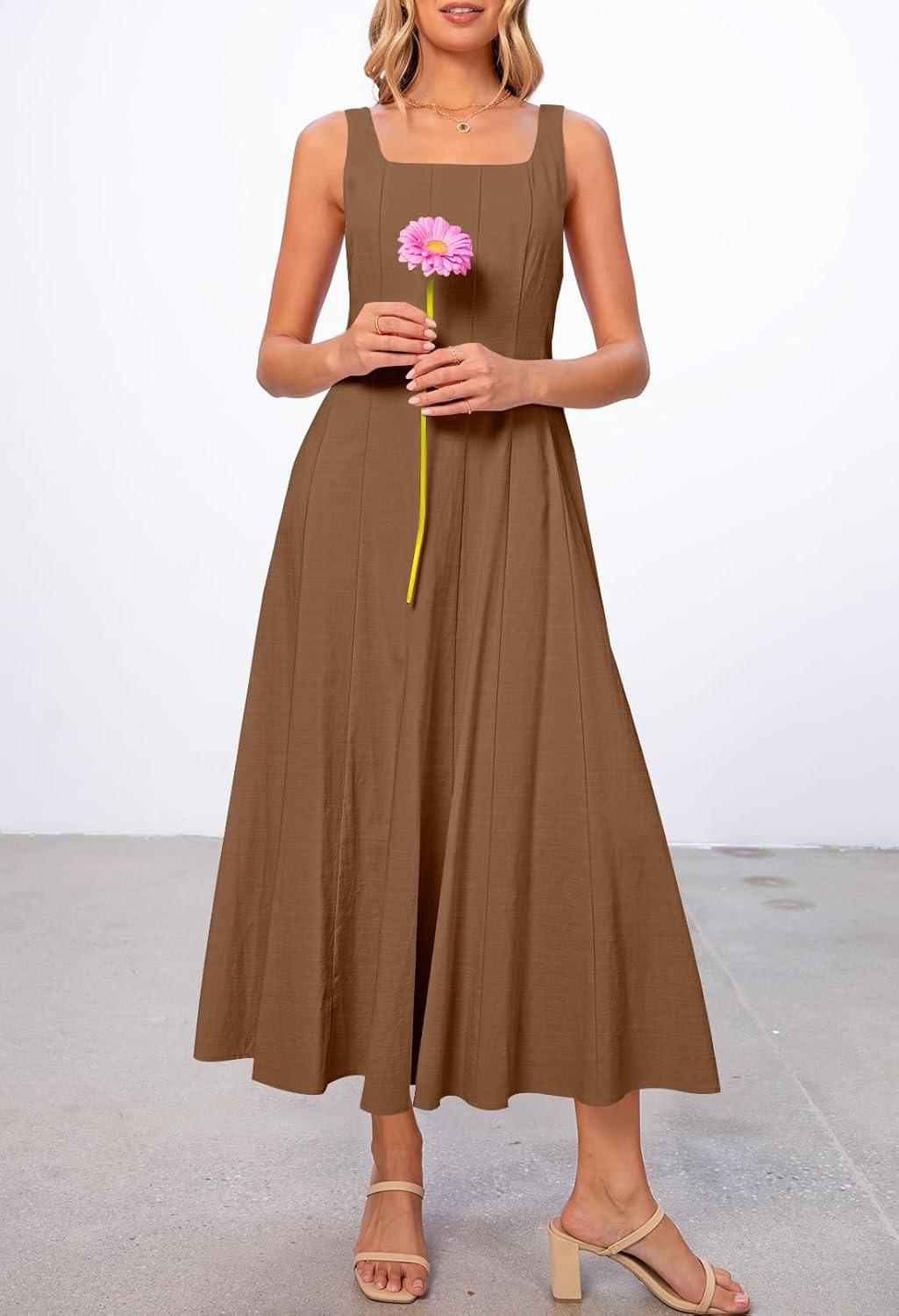 imageMEROKEETY Womens 2026 Summer Sleeveless Midi Dress Square Neck Smocked Flowy A Line Beach DressesCoffee