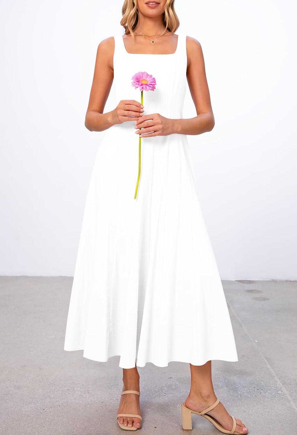 imageMEROKEETY Womens 2026 Summer Sleeveless Midi Dress Square Neck Smocked Flowy A Line Beach DressesIvory