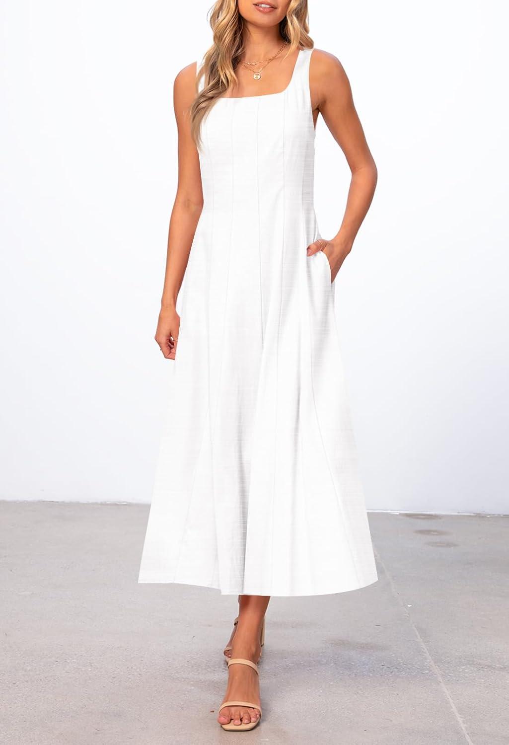 imageMEROKEETY Womens 2026 Summer Sleeveless Midi Dress Square Neck Smocked Flowy A Line Beach DressesIvory