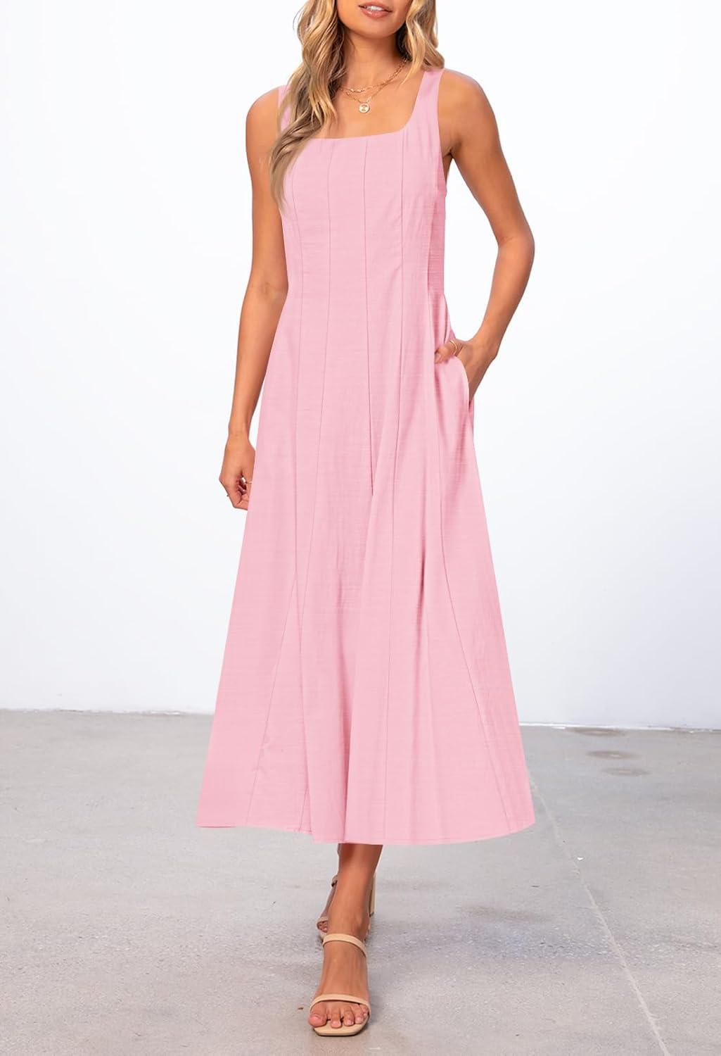 imageMEROKEETY Womens 2026 Summer Sleeveless Midi Dress Square Neck Smocked Flowy A Line Beach DressesLight Pink