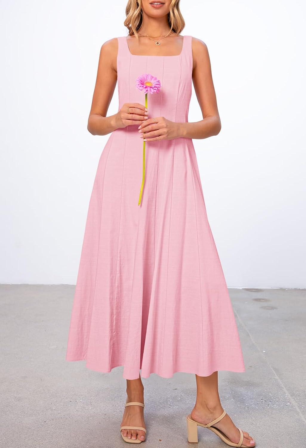 imageMEROKEETY Womens 2026 Summer Sleeveless Midi Dress Square Neck Smocked Flowy A Line Beach DressesLight Pink