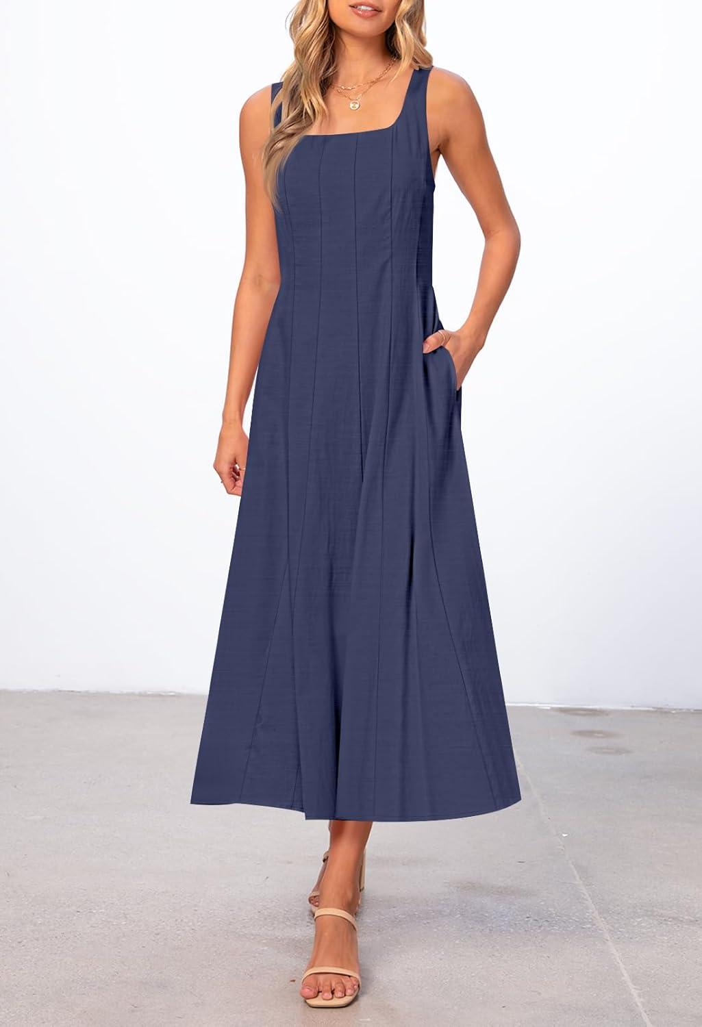 imageMEROKEETY Womens 2026 Summer Sleeveless Midi Dress Square Neck Smocked Flowy A Line Beach DressesNavy