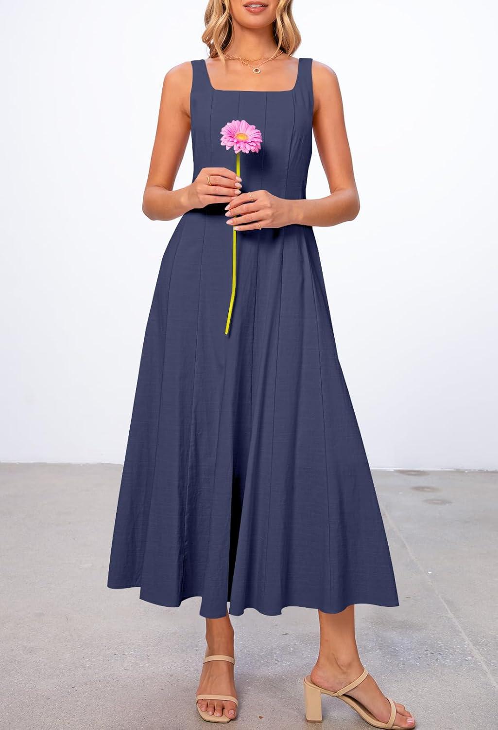 imageMEROKEETY Womens 2026 Summer Sleeveless Midi Dress Square Neck Smocked Flowy A Line Beach DressesNavy
