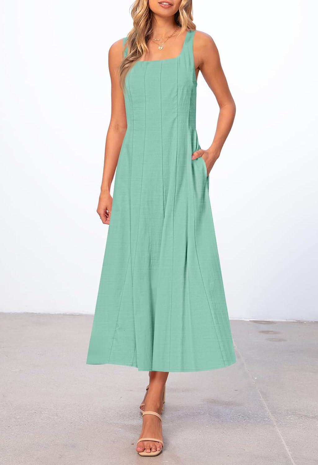 imageMEROKEETY Womens 2026 Summer Sleeveless Midi Dress Square Neck Smocked Flowy A Line Beach DressesSage
