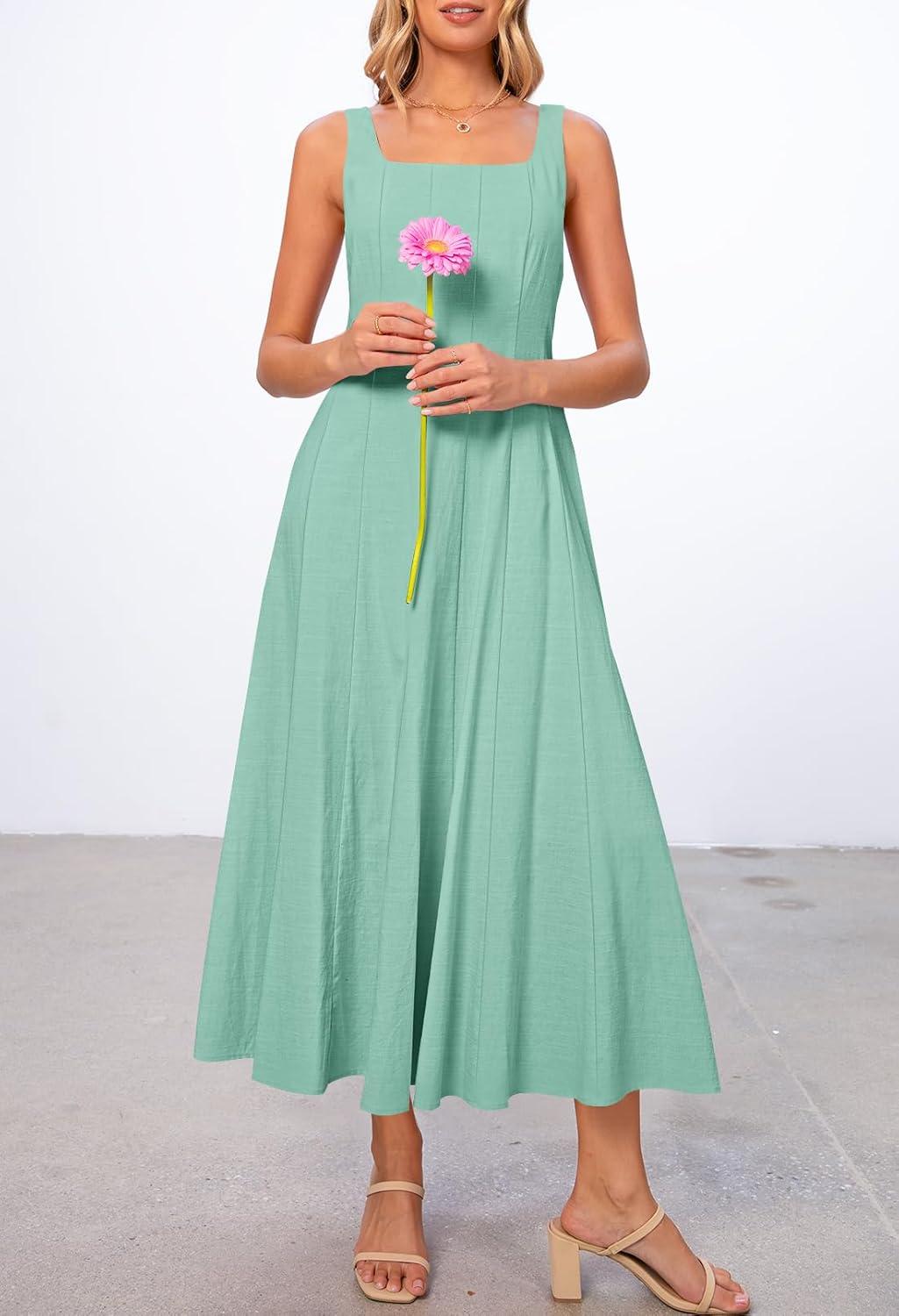 imageMEROKEETY Womens 2026 Summer Sleeveless Midi Dress Square Neck Smocked Flowy A Line Beach DressesSage