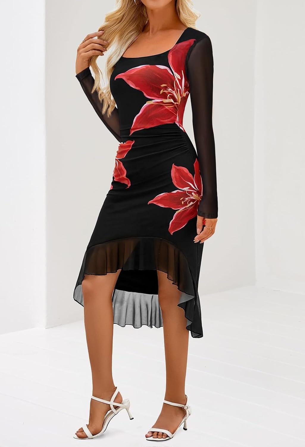 imageMEROKEETY Womens 2026 Wedding Guest Dress Bodycon Long Sleeve Square Neck Ruched Mesh Cocktail Party Holiday Midi DressesBlackred