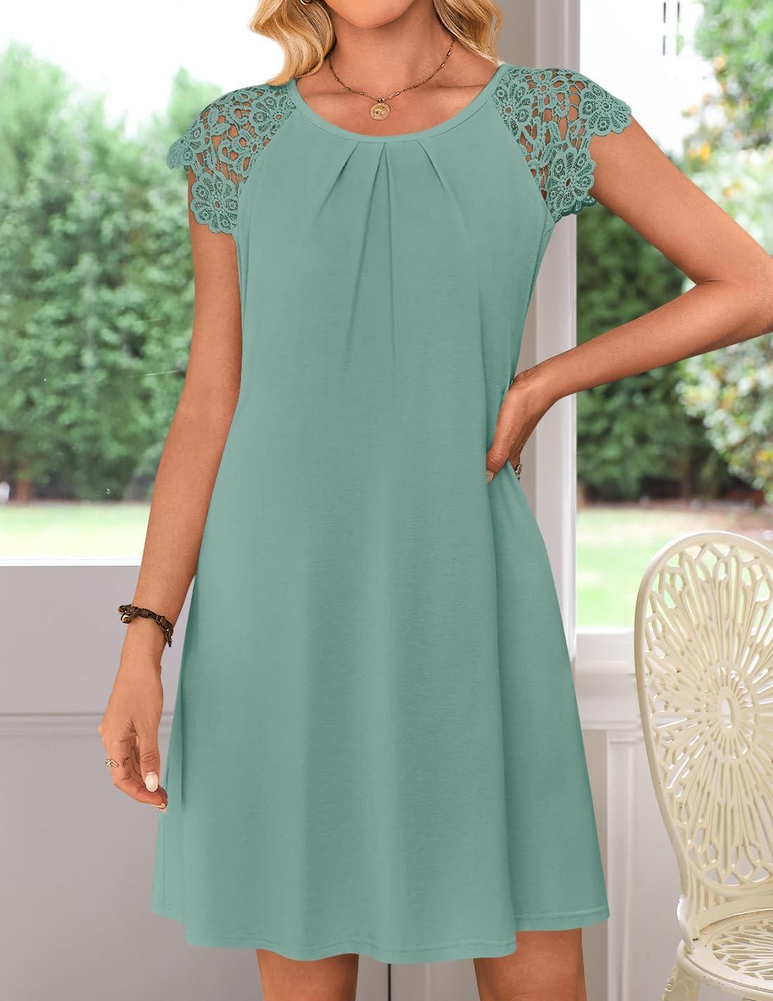 imageMEROKEETY Womens Casual Summer T Shirt Dress Beach Vacation Lace Sleeveless Flowy Pleated Mini SundressAqua