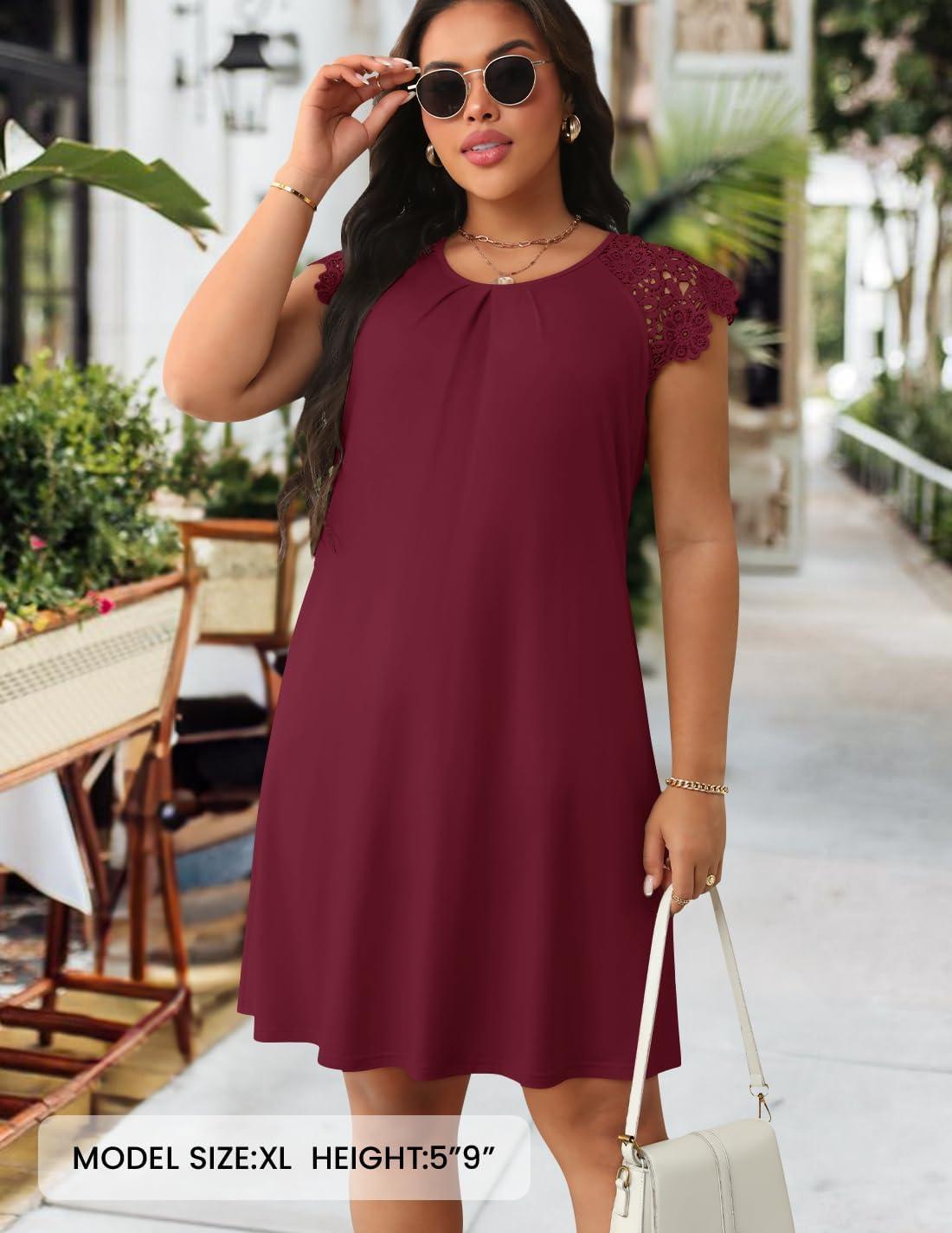 imageMEROKEETY Womens Casual Summer T Shirt Dress Beach Vacation Lace Sleeveless Flowy Pleated Mini SundressWine