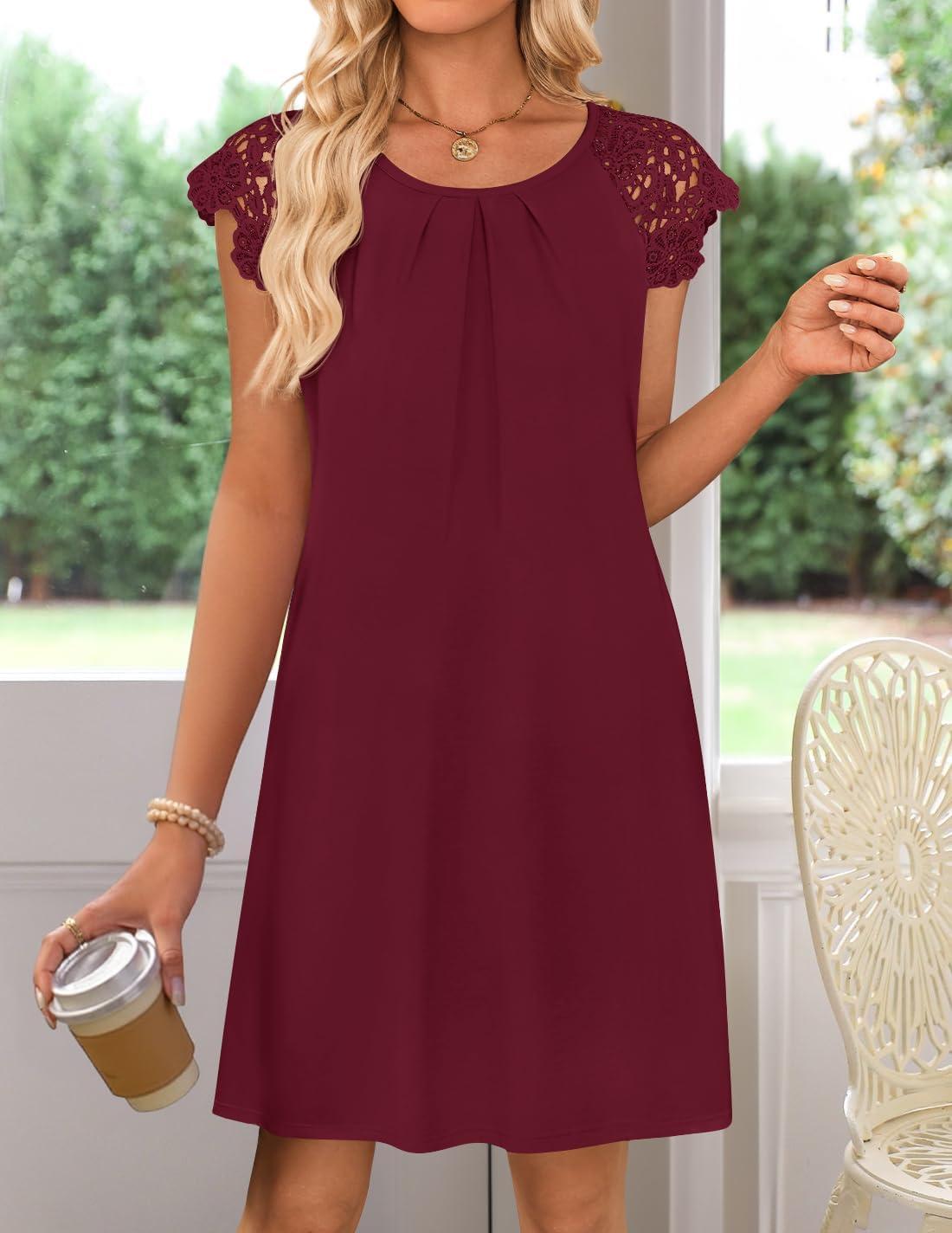 imageMEROKEETY Womens Casual Summer T Shirt Dress Beach Vacation Lace Sleeveless Flowy Pleated Mini SundressWine