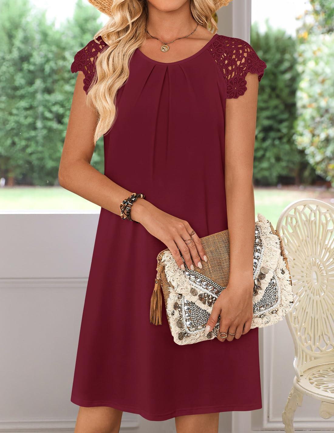 imageMEROKEETY Womens Casual Summer T Shirt Dress Beach Vacation Lace Sleeveless Flowy Pleated Mini SundressWine