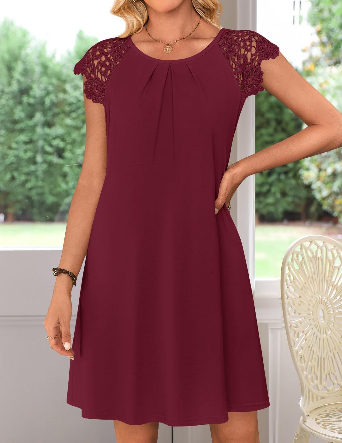 imageMEROKEETY Womens Casual Summer T Shirt Dress Beach Vacation Lace Sleeveless Flowy Pleated Mini SundressWine