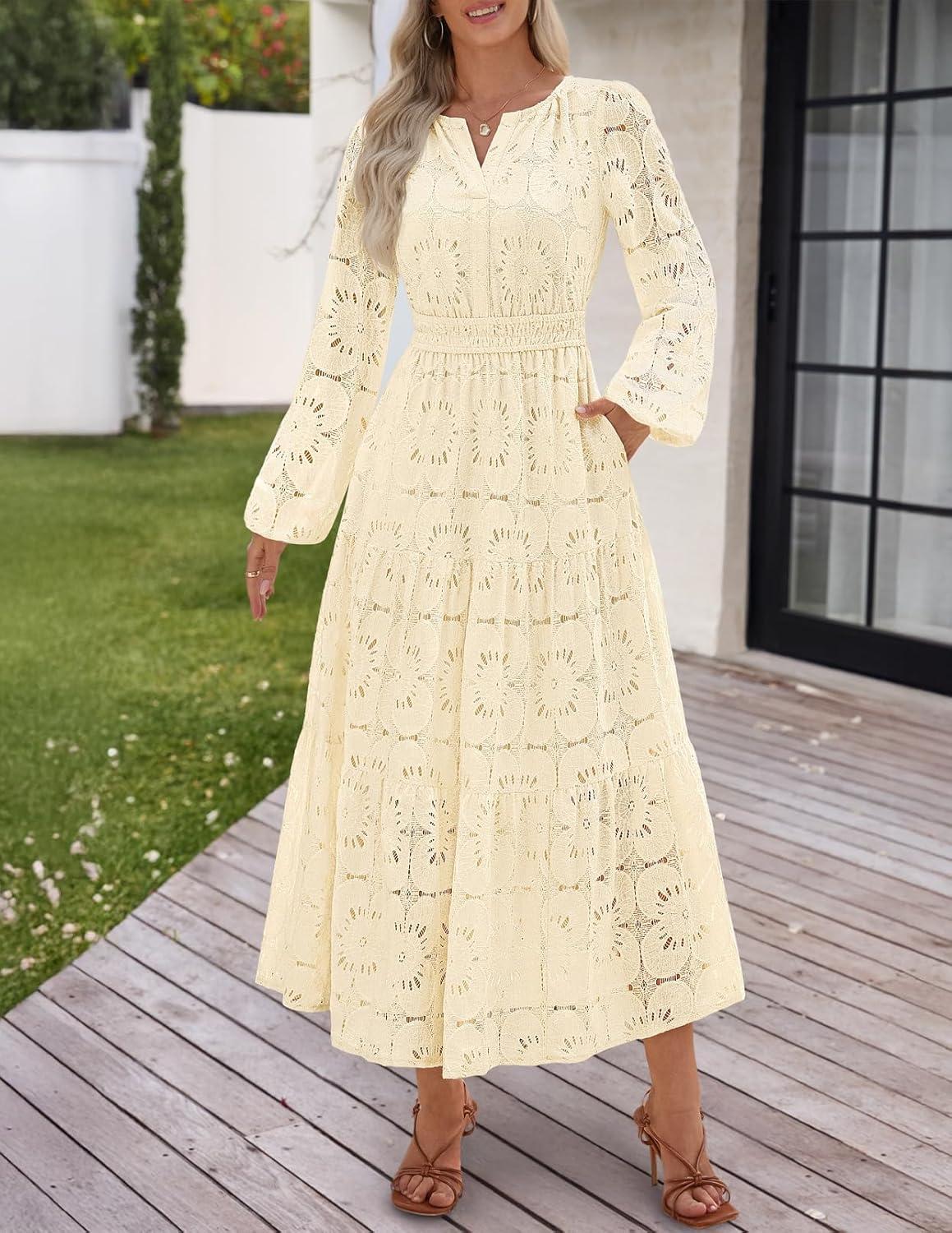 imageMEROKEETY Womens Fall Long Sleeve Floral Maxi Dress Lace Eyelet Hollow Out Tiered Boho Wedding Guest Dresses PocketsApricot