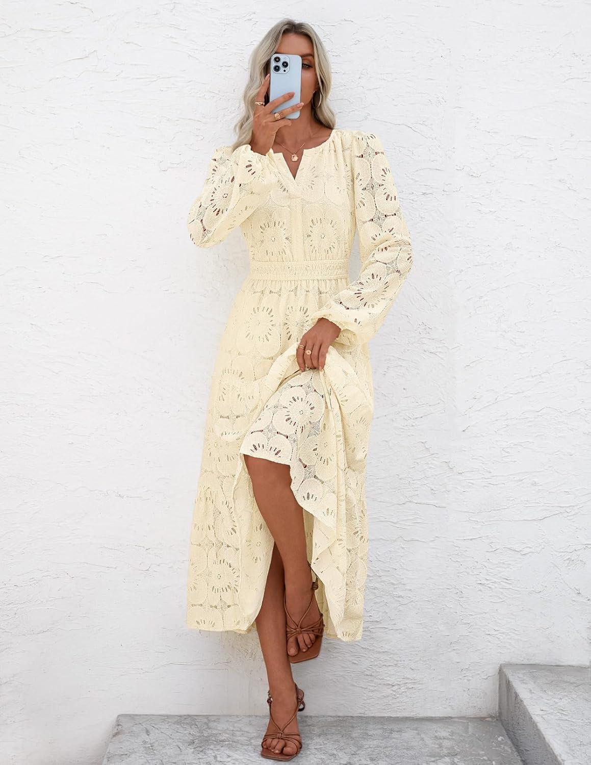 imageMEROKEETY Womens Fall Long Sleeve Floral Maxi Dress Lace Eyelet Hollow Out Tiered Boho Wedding Guest Dresses PocketsApricot