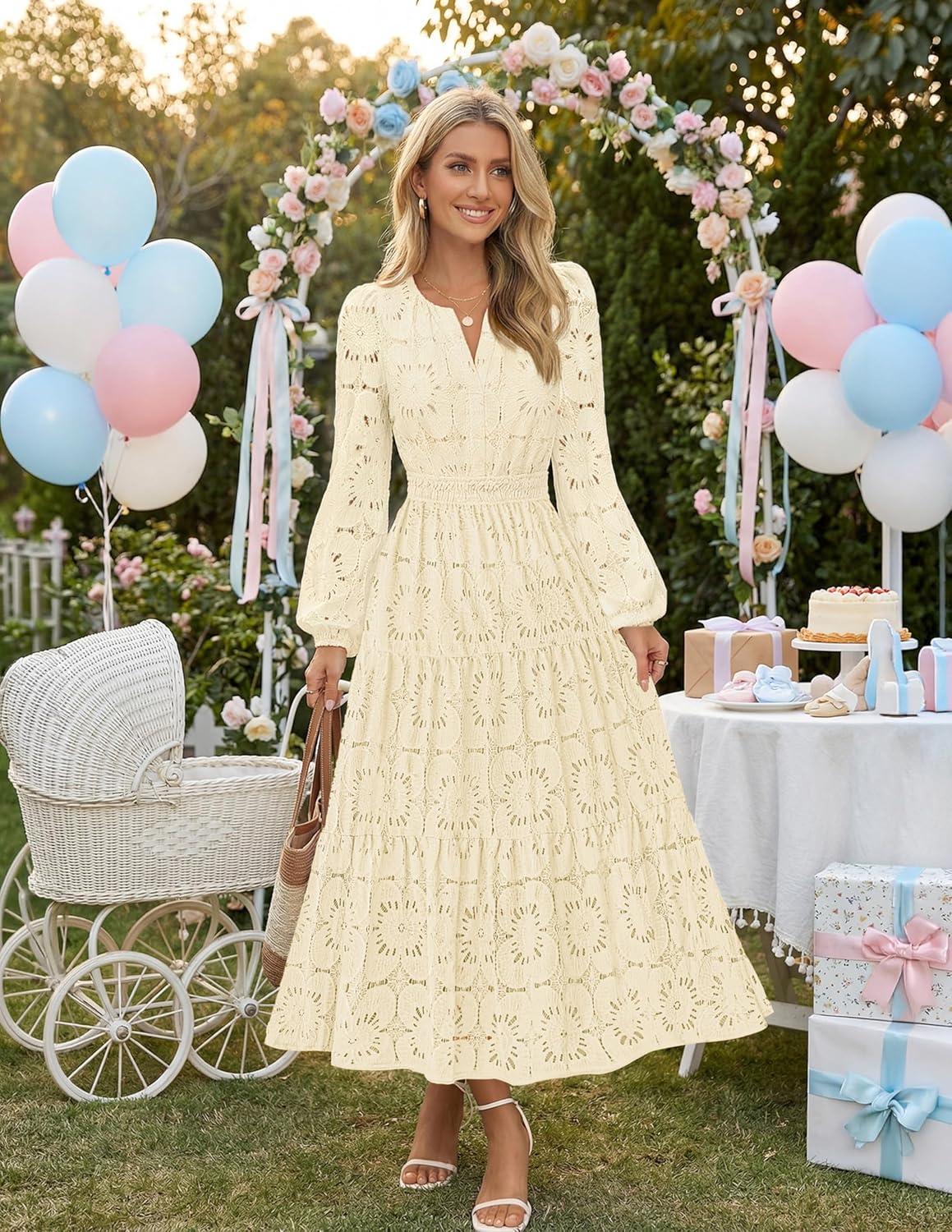 imageMEROKEETY Womens Fall Long Sleeve Floral Maxi Dress Lace Eyelet Hollow Out Tiered Boho Wedding Guest Dresses PocketsApricot
