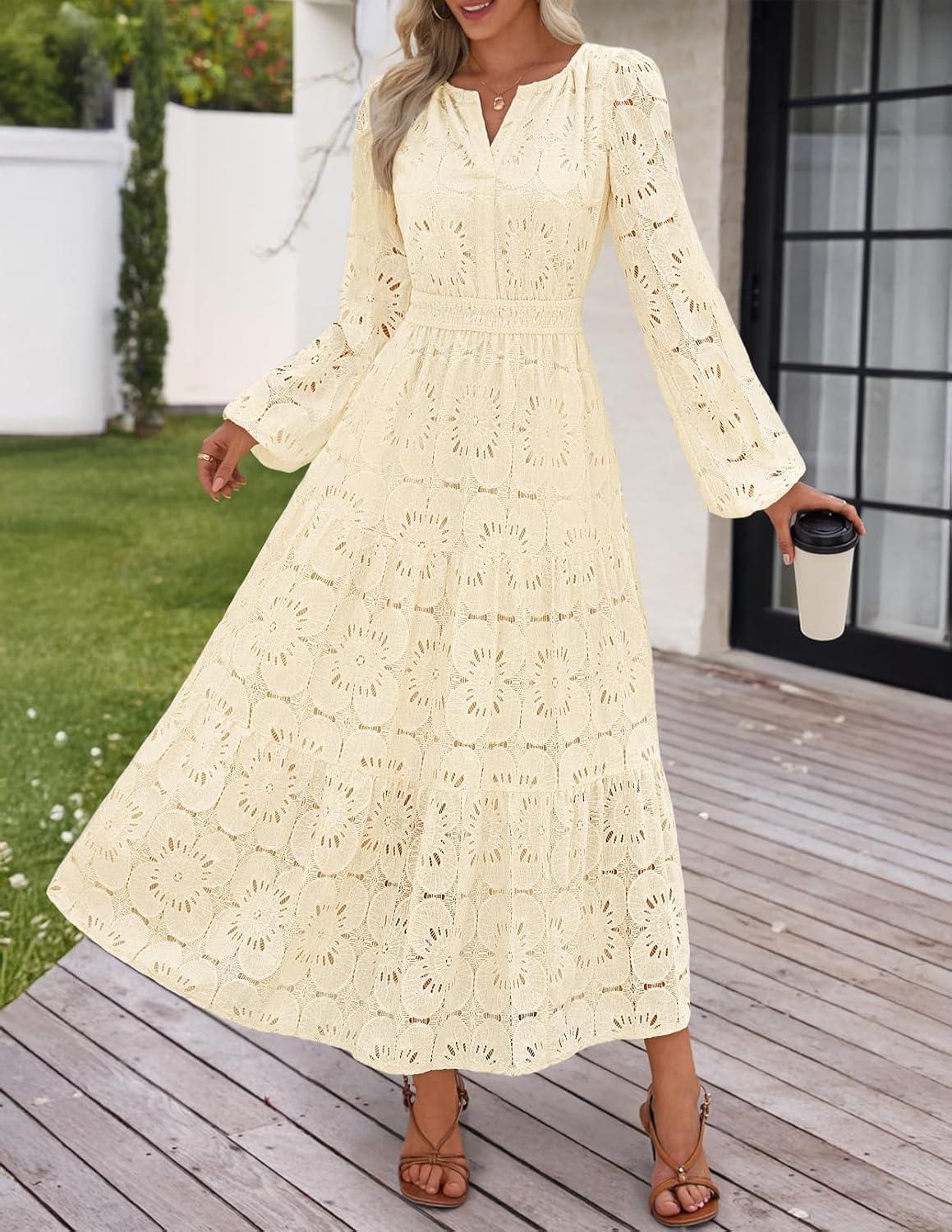 imageMEROKEETY Womens Fall Long Sleeve Floral Maxi Dress Lace Eyelet Hollow Out Tiered Boho Wedding Guest Dresses PocketsApricot